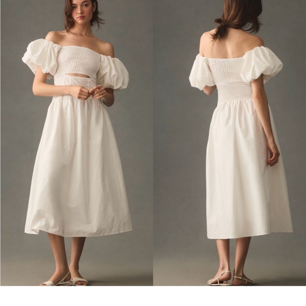 Anthropologie Cream Off-Shoulder Puff Sleeve Midi Dress
